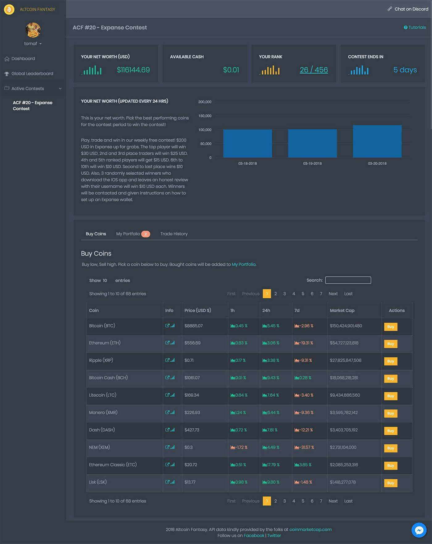 altcoin fantasy web app screenshot