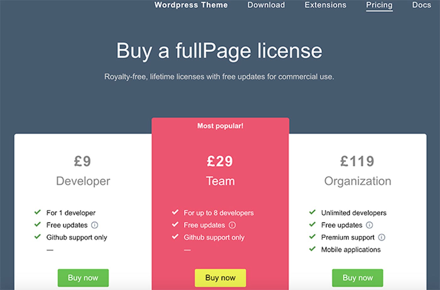 fullPage.js pricing page