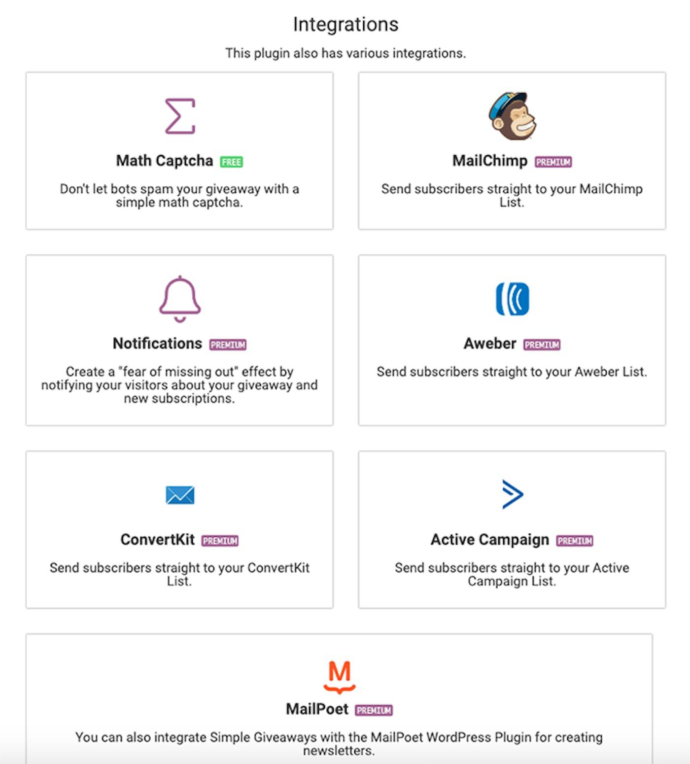 Simple Giveaways Integrations