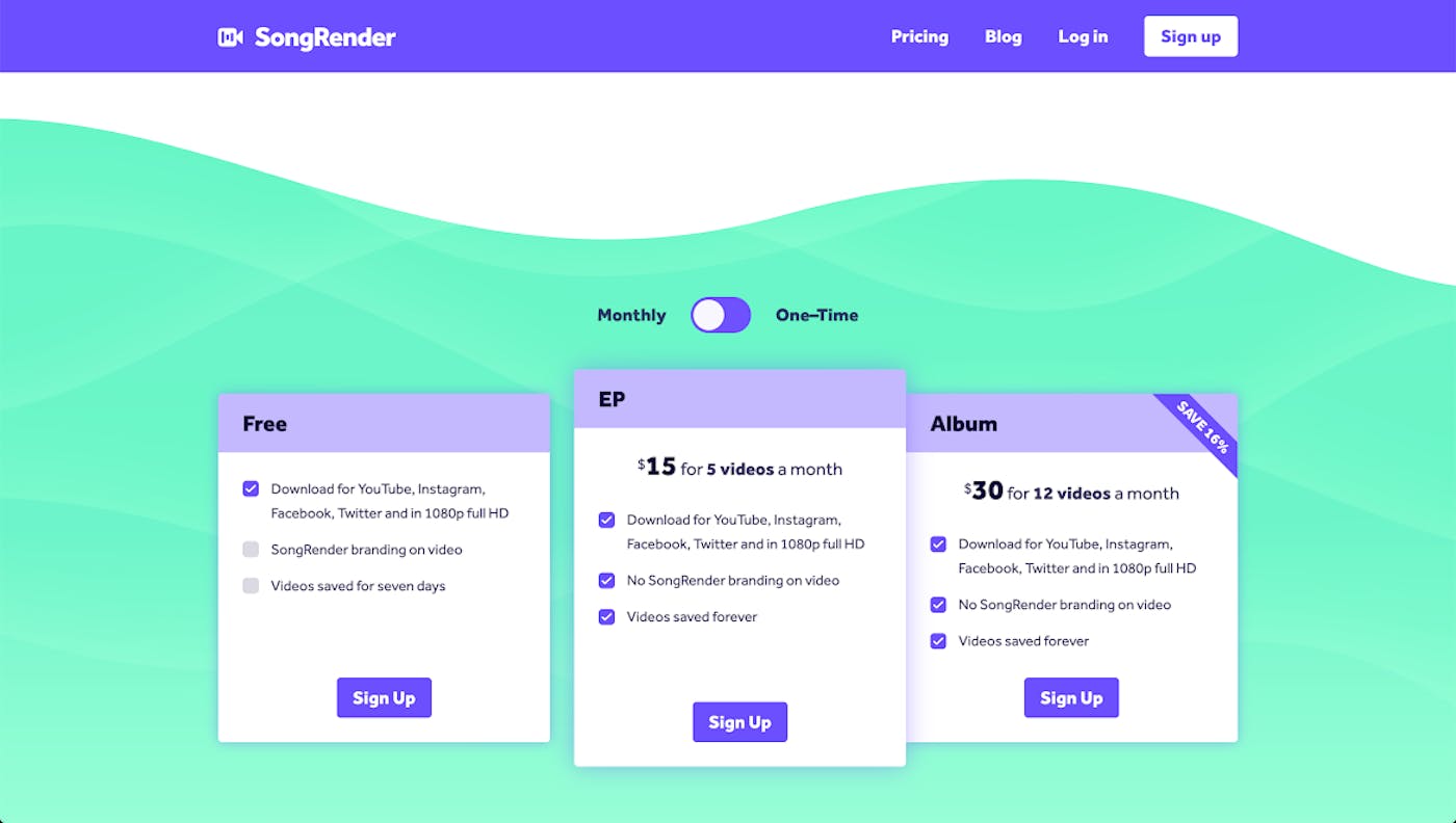 songrender's pricing scale