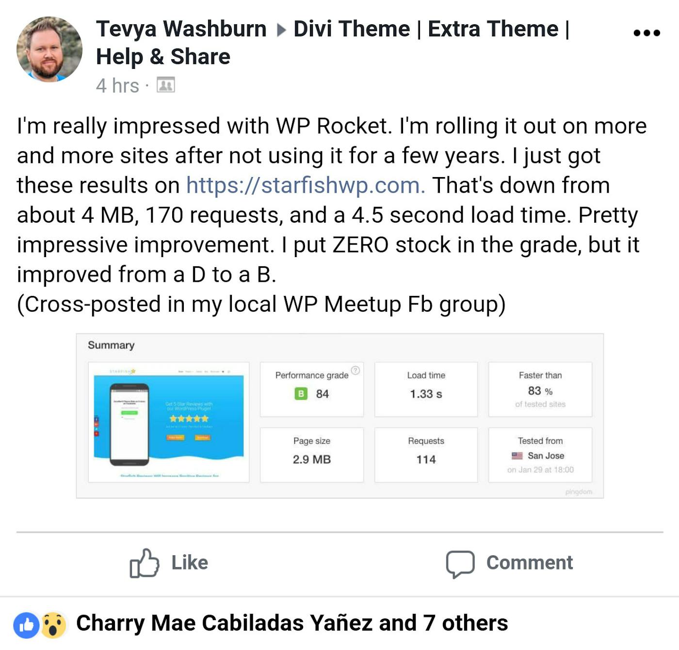 My post about pagespeed in a Facebook group for Divi users