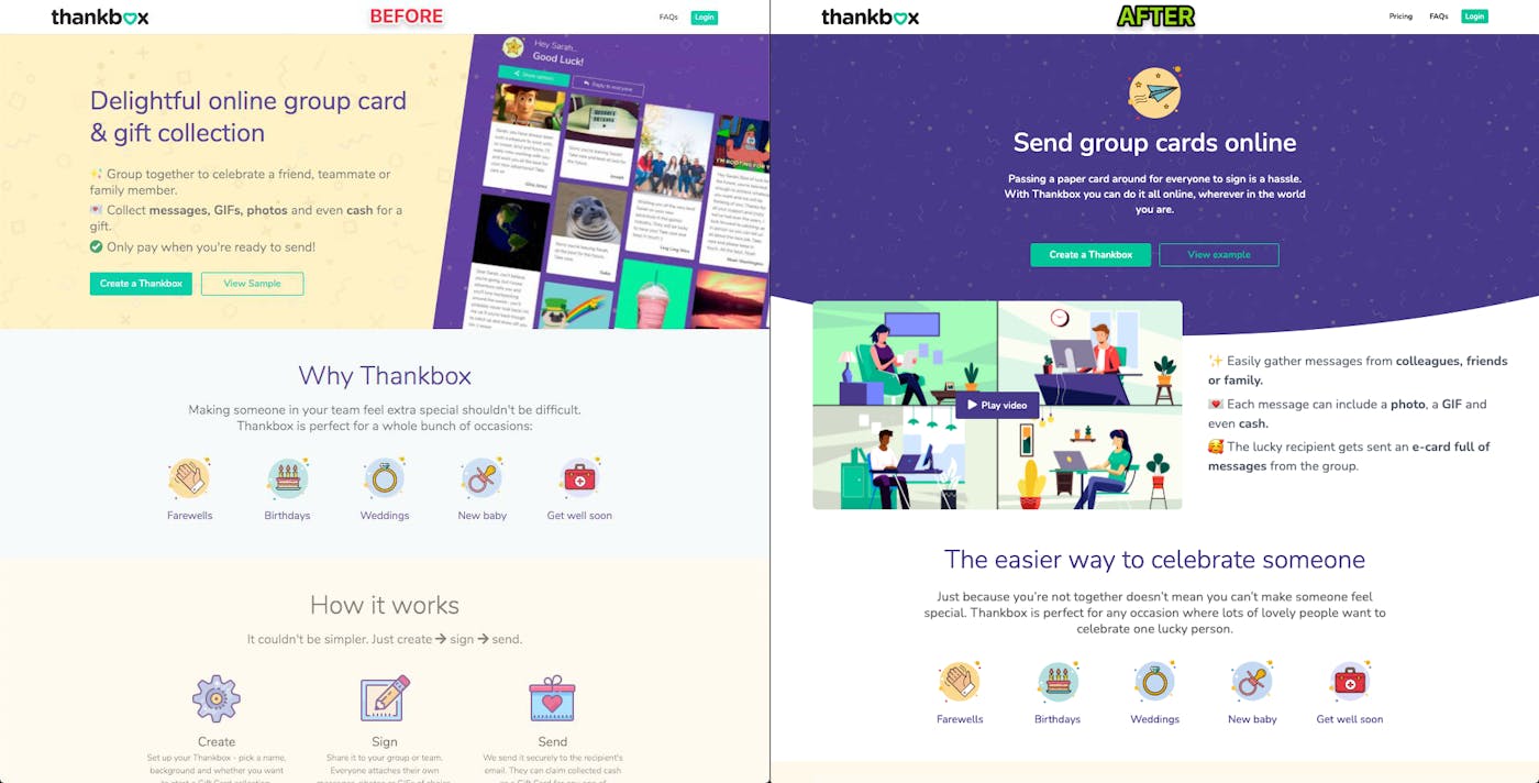 Thankbox's homepage before and after