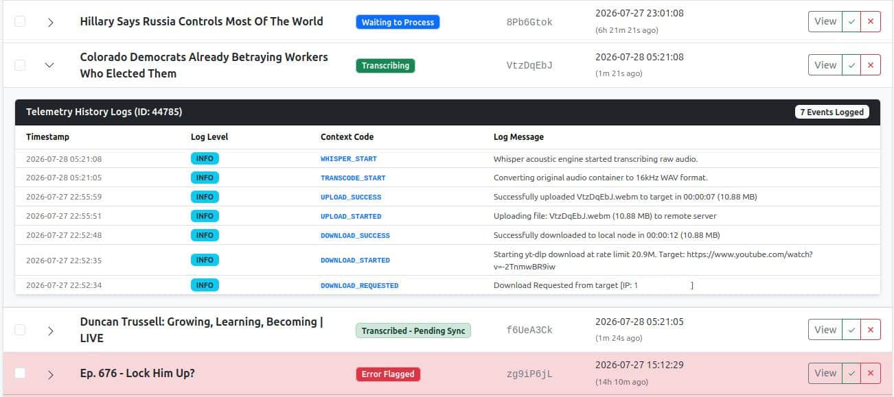 Back-end screen of Skip Clips showing how it transcribes show episodes