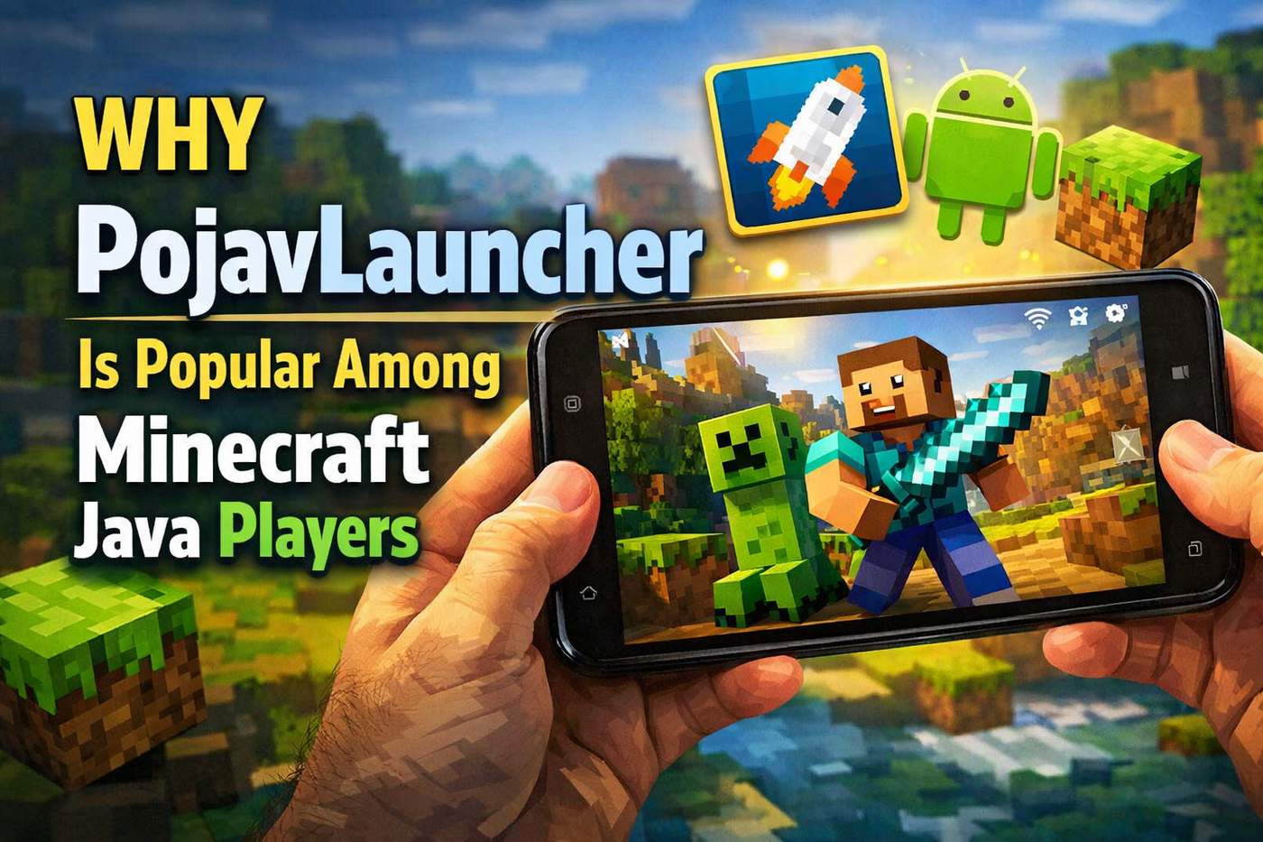 Feature image showing PojavLauncher running Minecraft Java Edition on an Android smartphone, highlighting mobile gameplay, launcher logo, and Minecraft characters to illustrate its popularity among Java players.