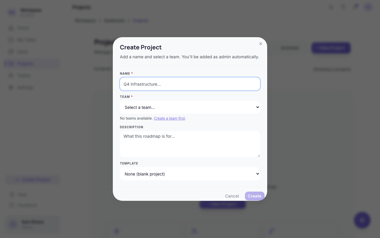 The empty workspace loop between creating a project and creating a team