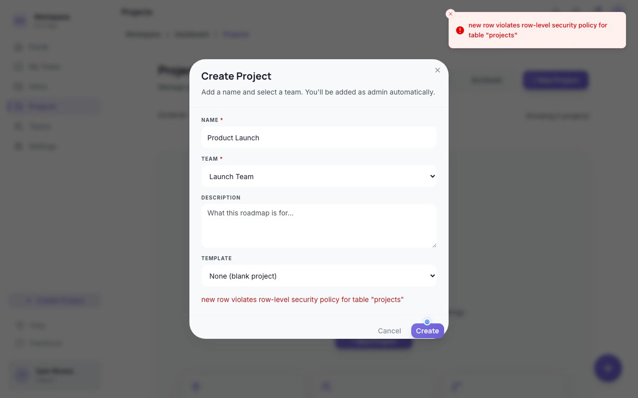 The project form surfacing the row-level security error