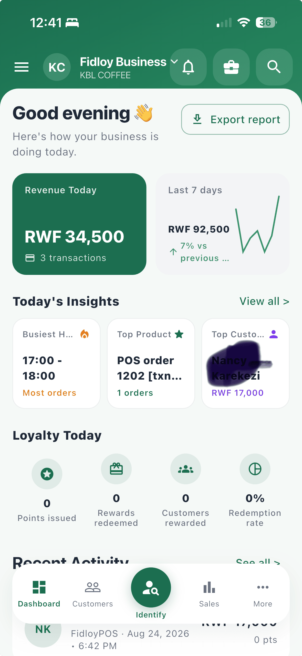 Fidloy Business mobile dashboard showing today’s revenue, seven-day sales trend, busiest hour, top product and customer, loyalty activity, recent activity, and quick access to Customers, Identify, Sales, and More.