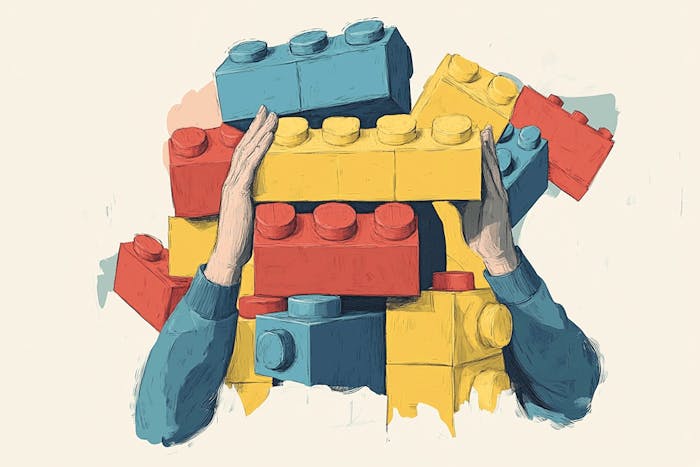 Someone carrying Lego bricks that represent the creation process