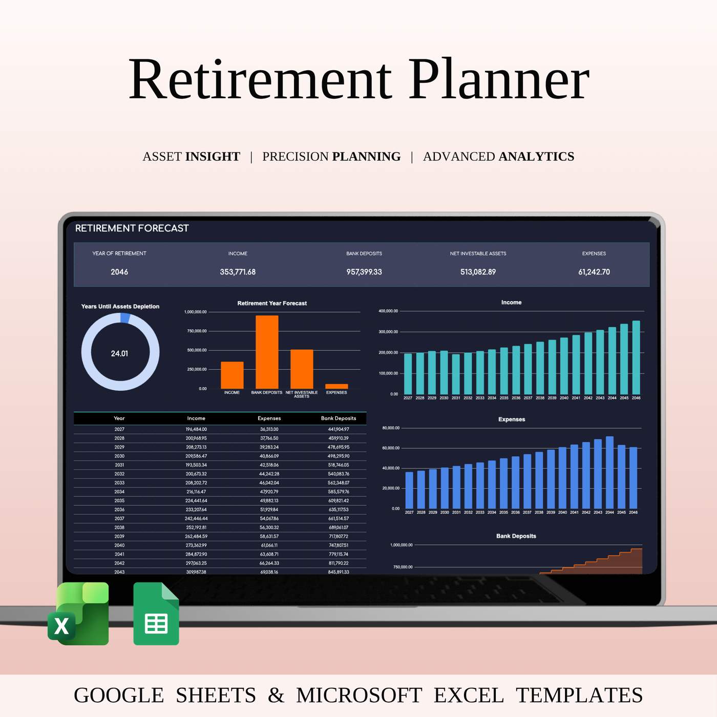 Retirement Portfolio Tracker Excel | Dark Mode - from SpreadsheetsHub