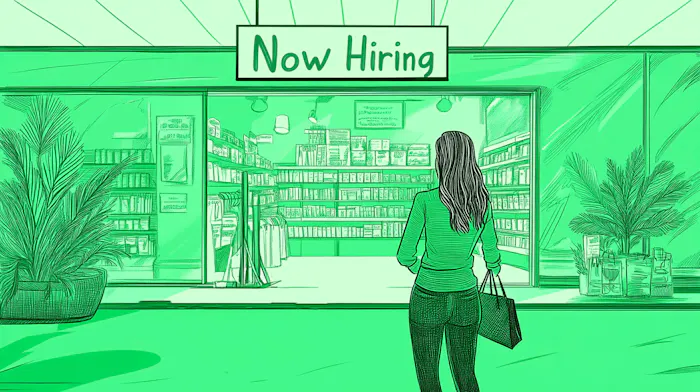 A woman walks into a store that says "Now Hiring"