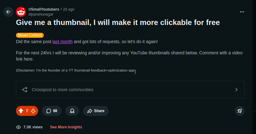 A reddit post inviting YouTube content creators to share their thumbnails that will be reviewed and improved on for free