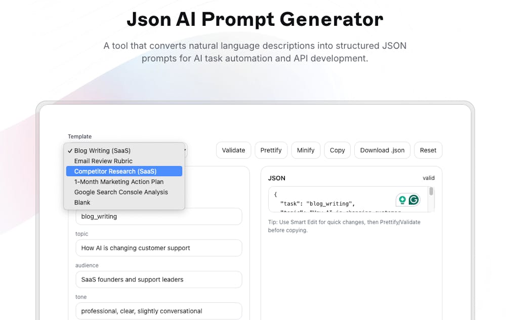 Json Model Generator Show IH: Free JSON AI Prompt Generator for Marketing Workflows - Indie ...