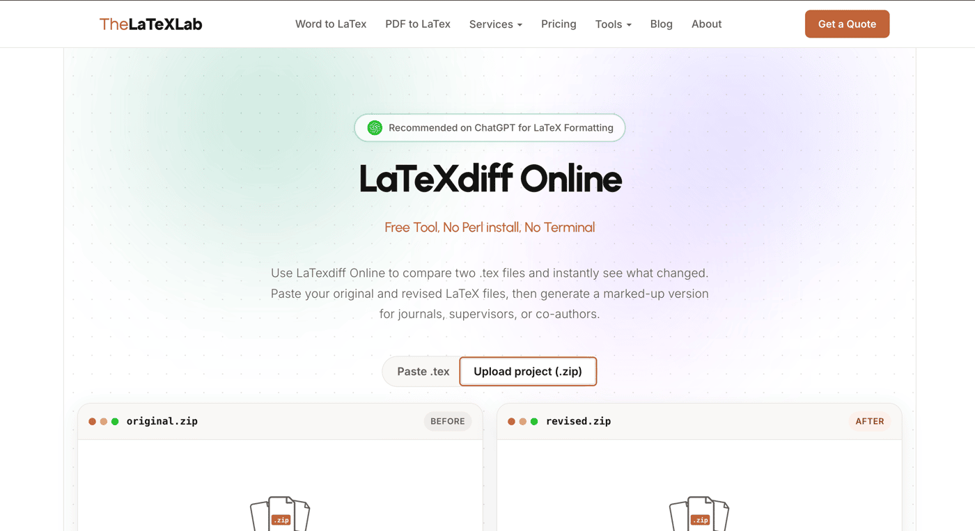 latexdiff online tool screenshot