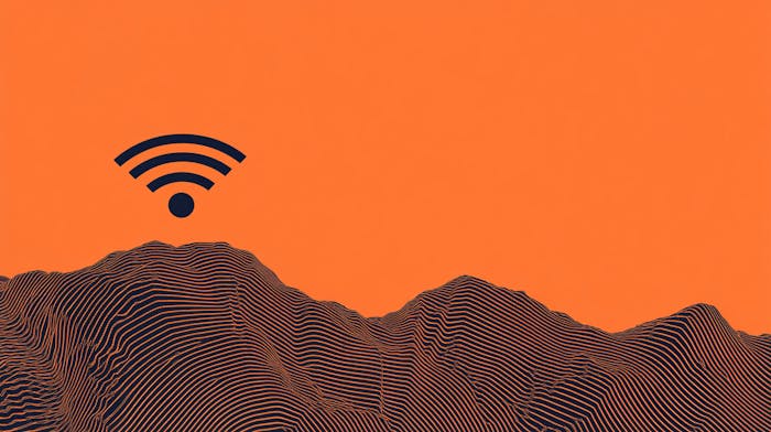 A WiFi signal hovers over an abstract landscape