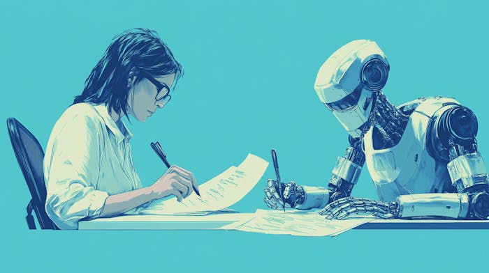 A woman and a robot sit at a table writing