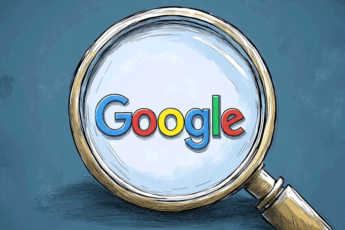 A magnifying glass with the Google logo inside of it