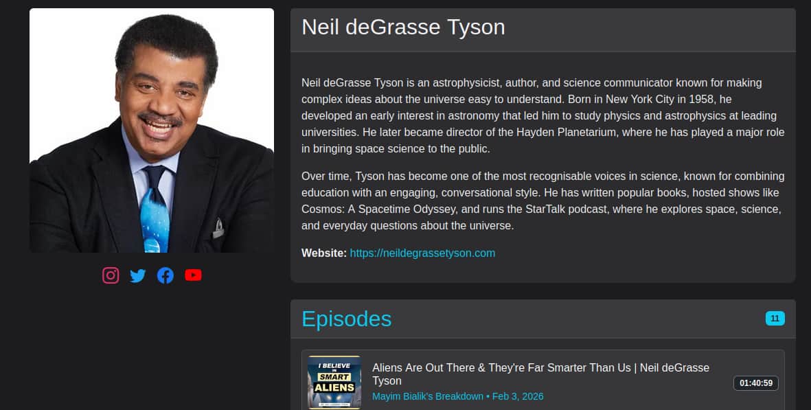 New Skip Clips feature 'Guest Profiles' which shows information and related episodes about a guest.