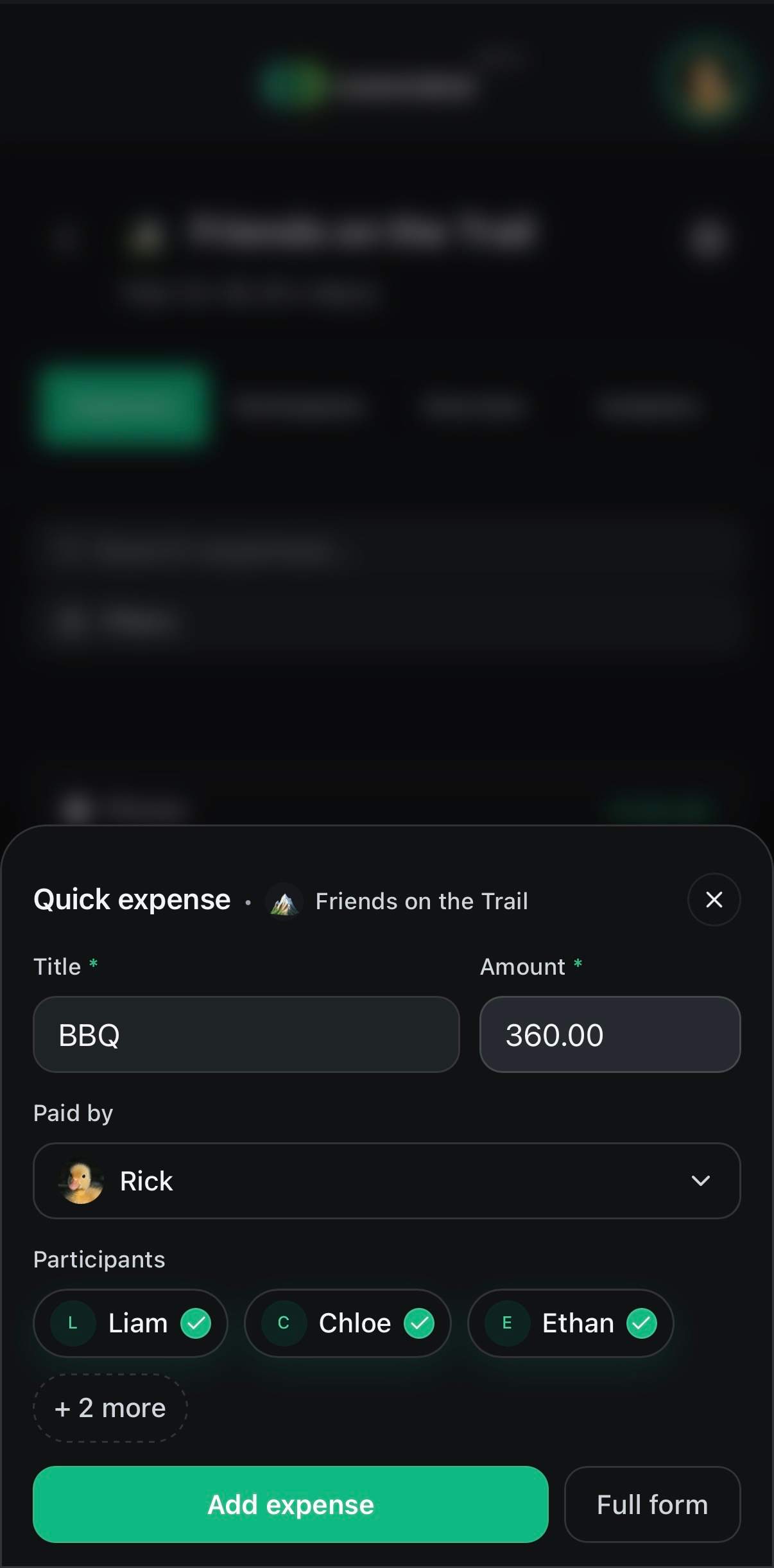 Quick expense flow on mobile for group spending