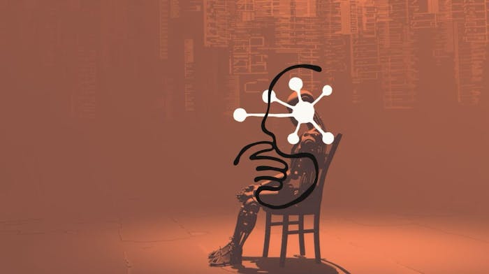 An image of the Anthropic logo superimposed over a man sitting in a chair.