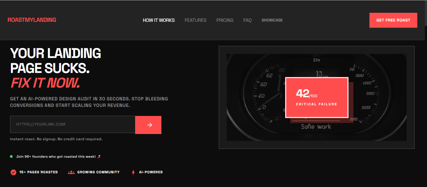 Screenshot of roast my landing hero section of desktop site