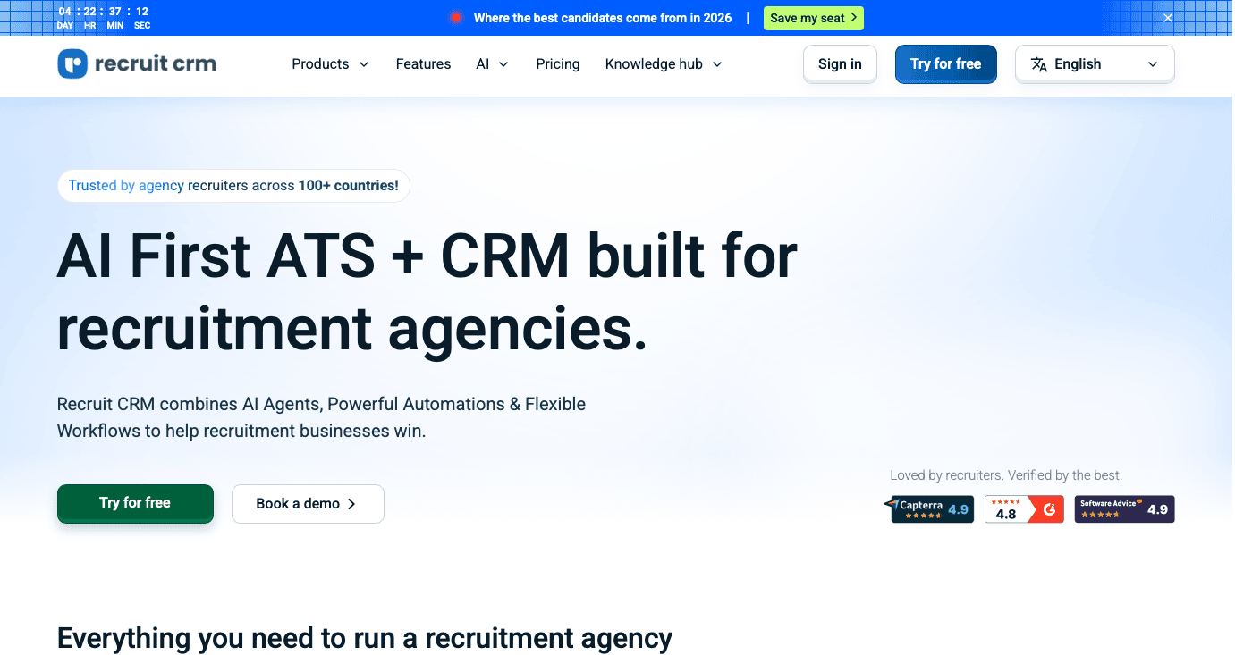 Recruit CRM homepage