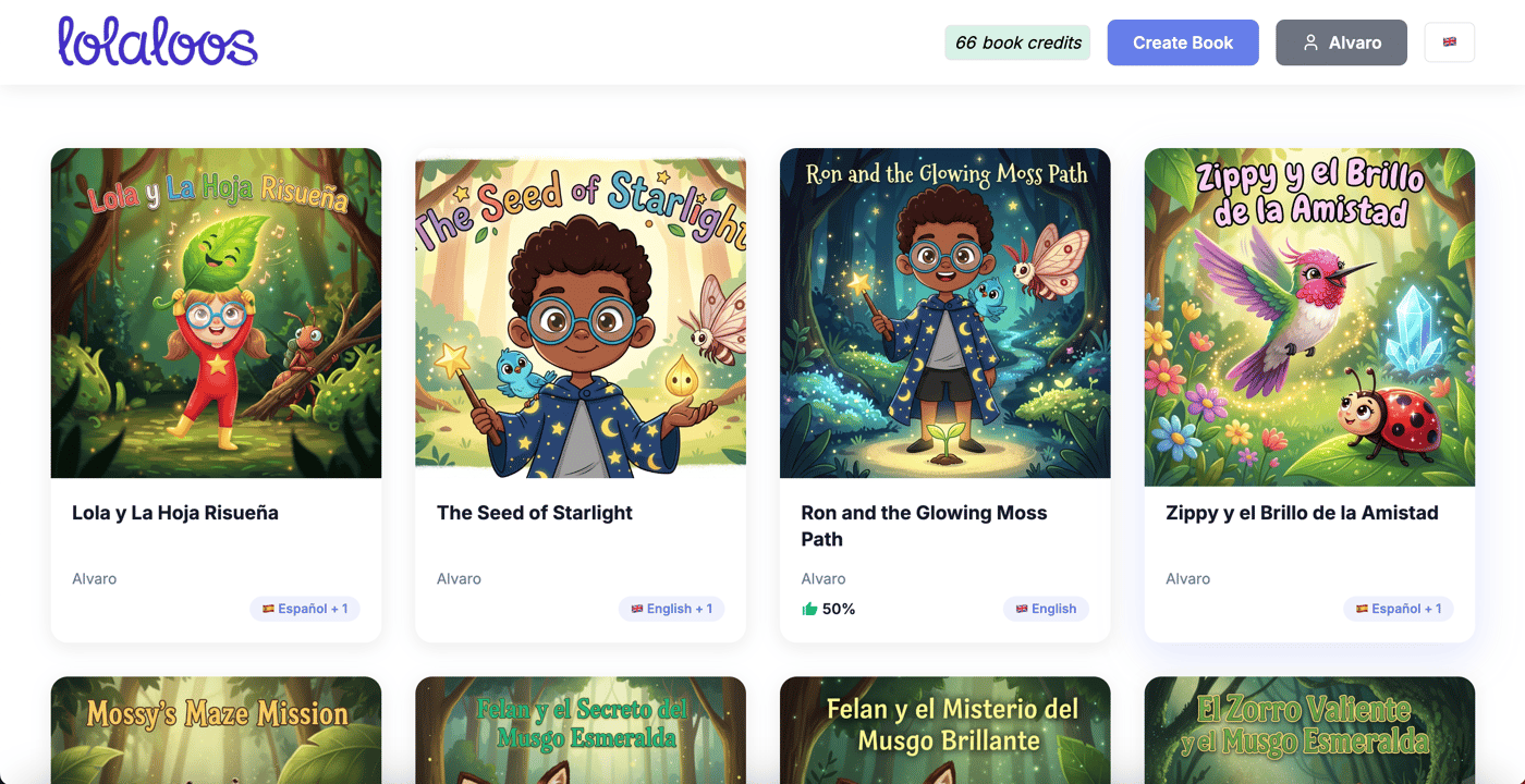 Lolaloos homepage for registered users. Here they can see all the books that have created and access to create new ones.