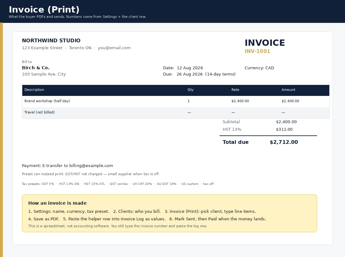 Printable invoice with tax line, SAMPLE Birch & Co.