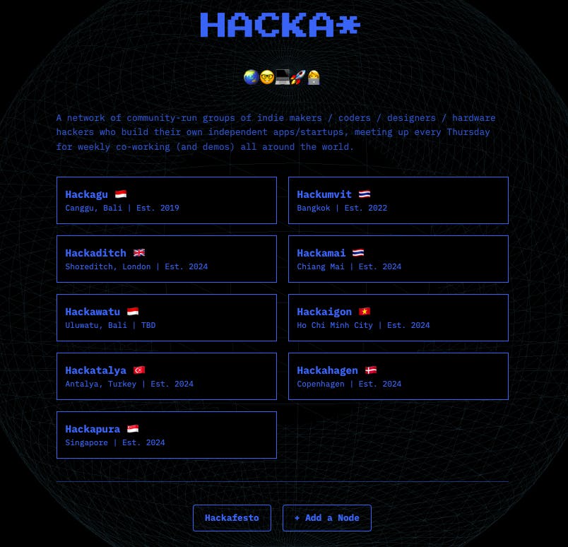 The hacka.network landing page lists chapters