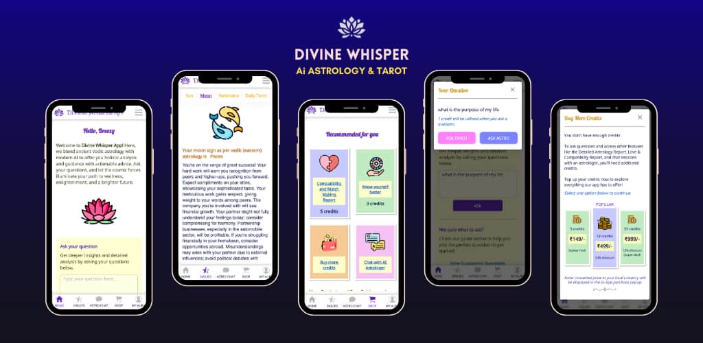 Phase 1 screen shot for the Divine Whisper Mobile app on ai astrology and tarot