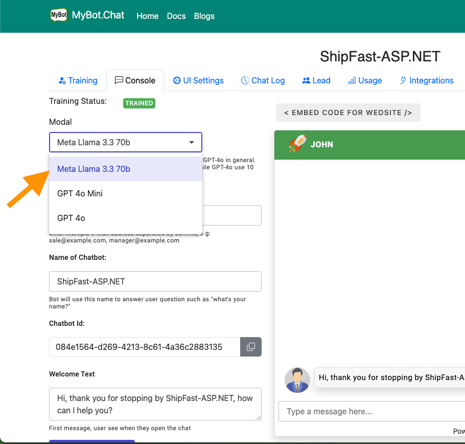 MybotChat support Llama 3.3 70B
