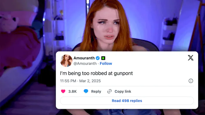 A photo of streamer Amouranth crying. A tweet is superimposed over the photo from her. The tweet reads "I'm being robbed at gunpoint right now."