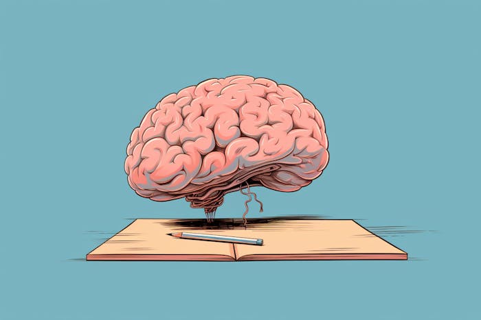 A human brain hovers over a sheet of paper.