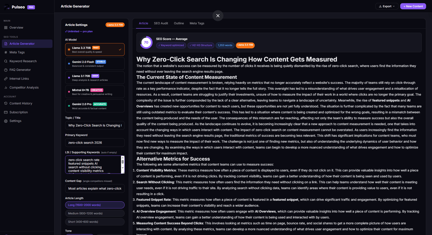 Quick look at what's actually inside Pulseo's dashboard.