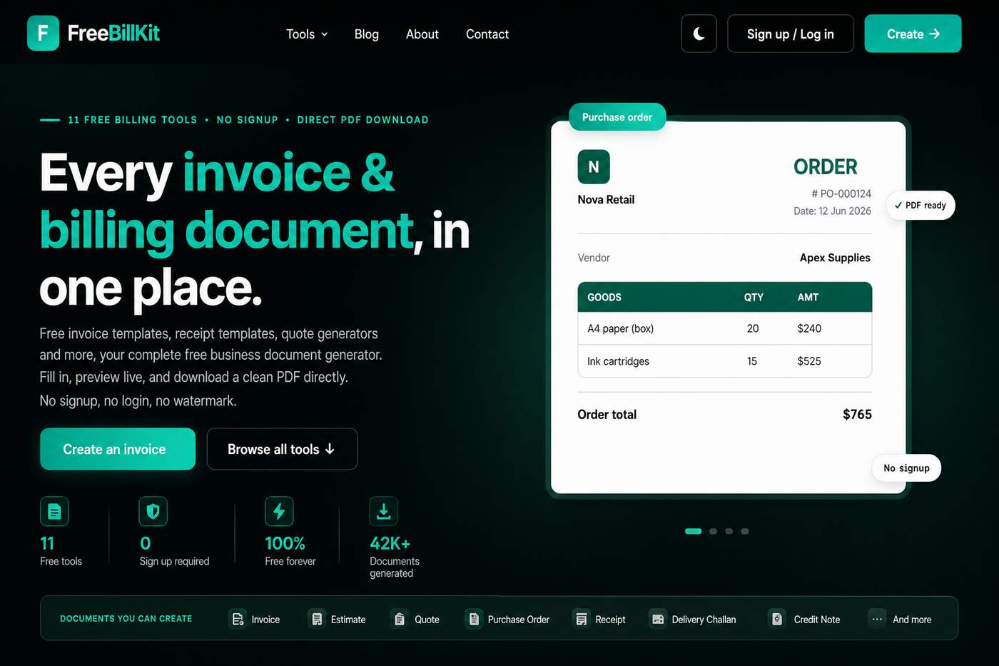 FreeBillKit homepage showing free invoice, receipt, quote and business document generators with no signup and instant PDF download