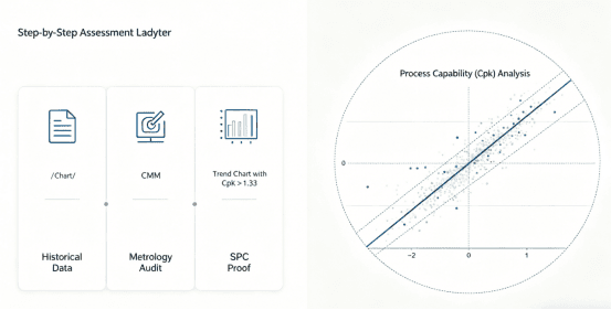 Infographic outlining the three-step framework for a reliable precision machining assessment.