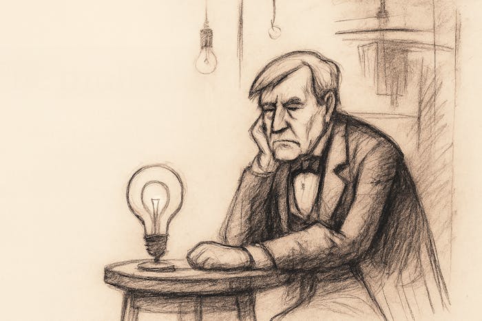 An inventor slumps in frustration over his invention.