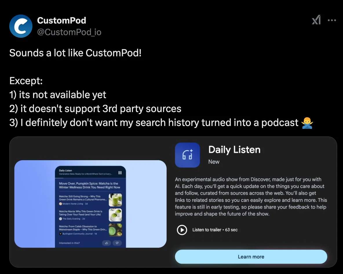 Google rolled out "daily listen" which looks at your search history and generates a podcast