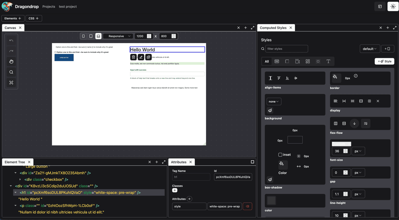 Dragondrop dark mode editor page - 27 Feb 2025