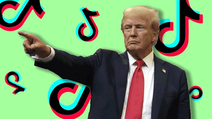 Trump standing in front of a TikTok logo