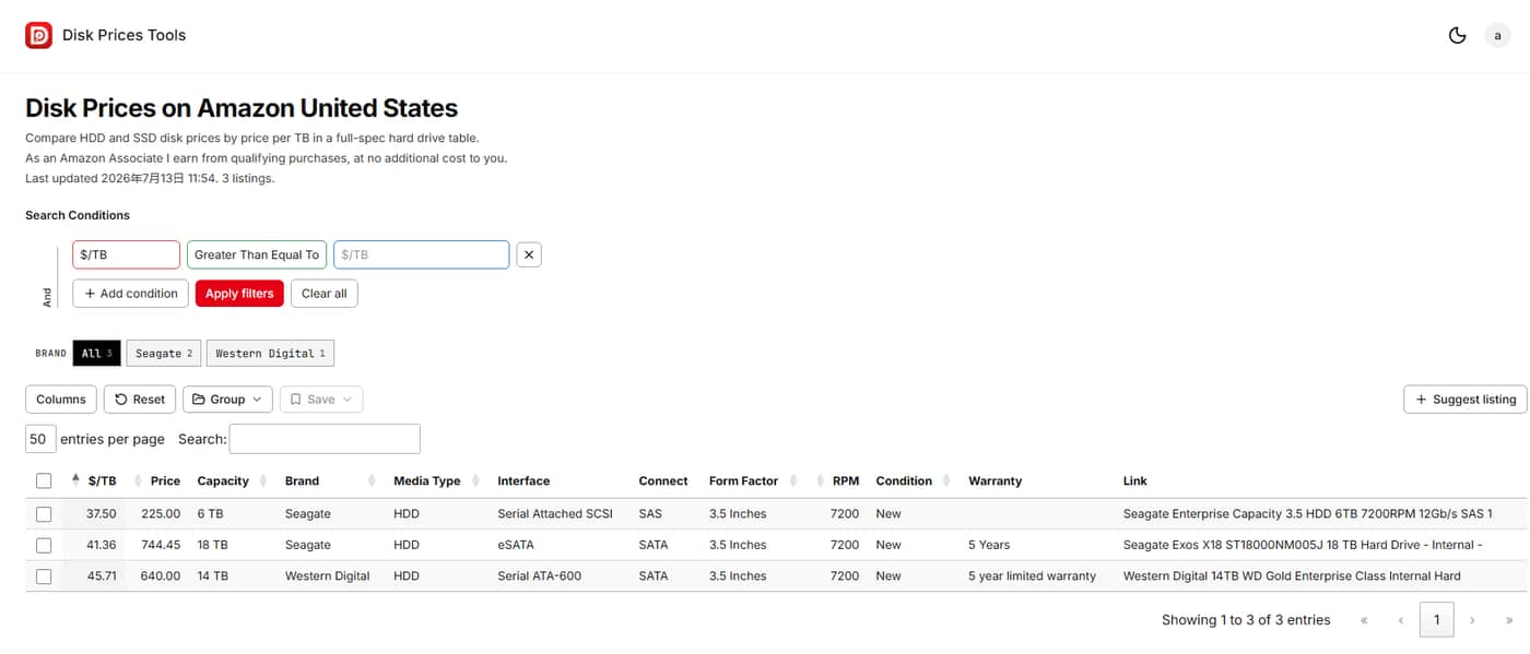 Disk Prices Tools Preview
