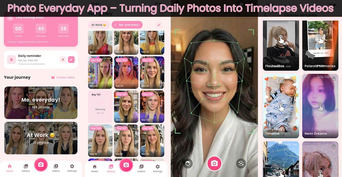 Screenshot of a photo everyday app showing daily selfie tracking, face alignment camera with landmarks, organized photo timeline, reminders, and timelapse video templates.