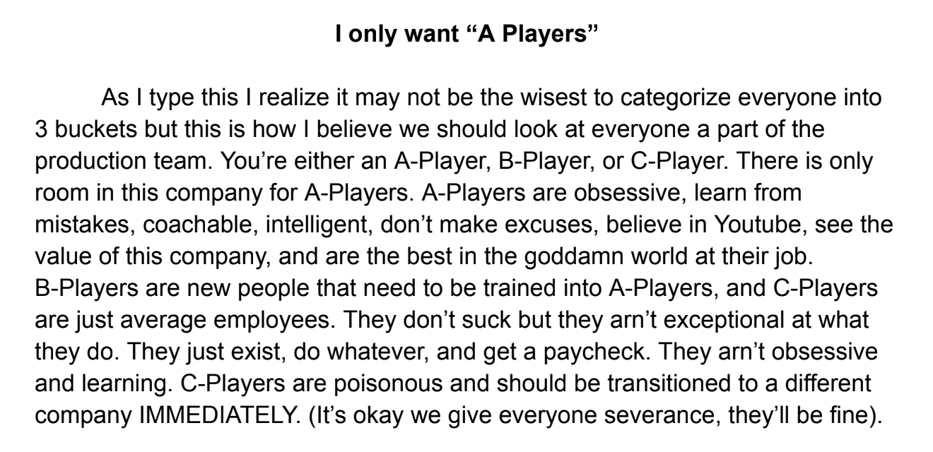 MrBeast explaining why the company only needs A-players, should train up the B-players, and should fire the C-players