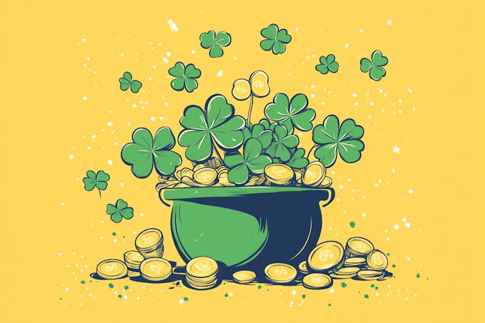 Money and four-leaf clovers falling out of a pot.