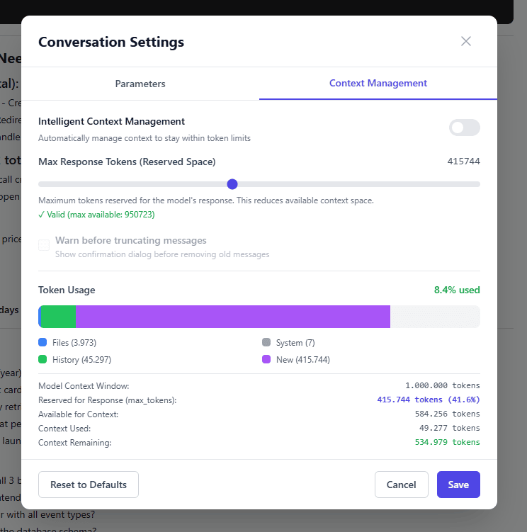 Screenshot of our Context Management feature in AI Nexus.