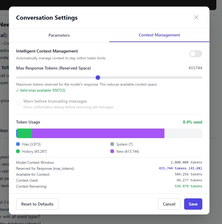 Screenshot of our Context Management feature in AI Nexus.