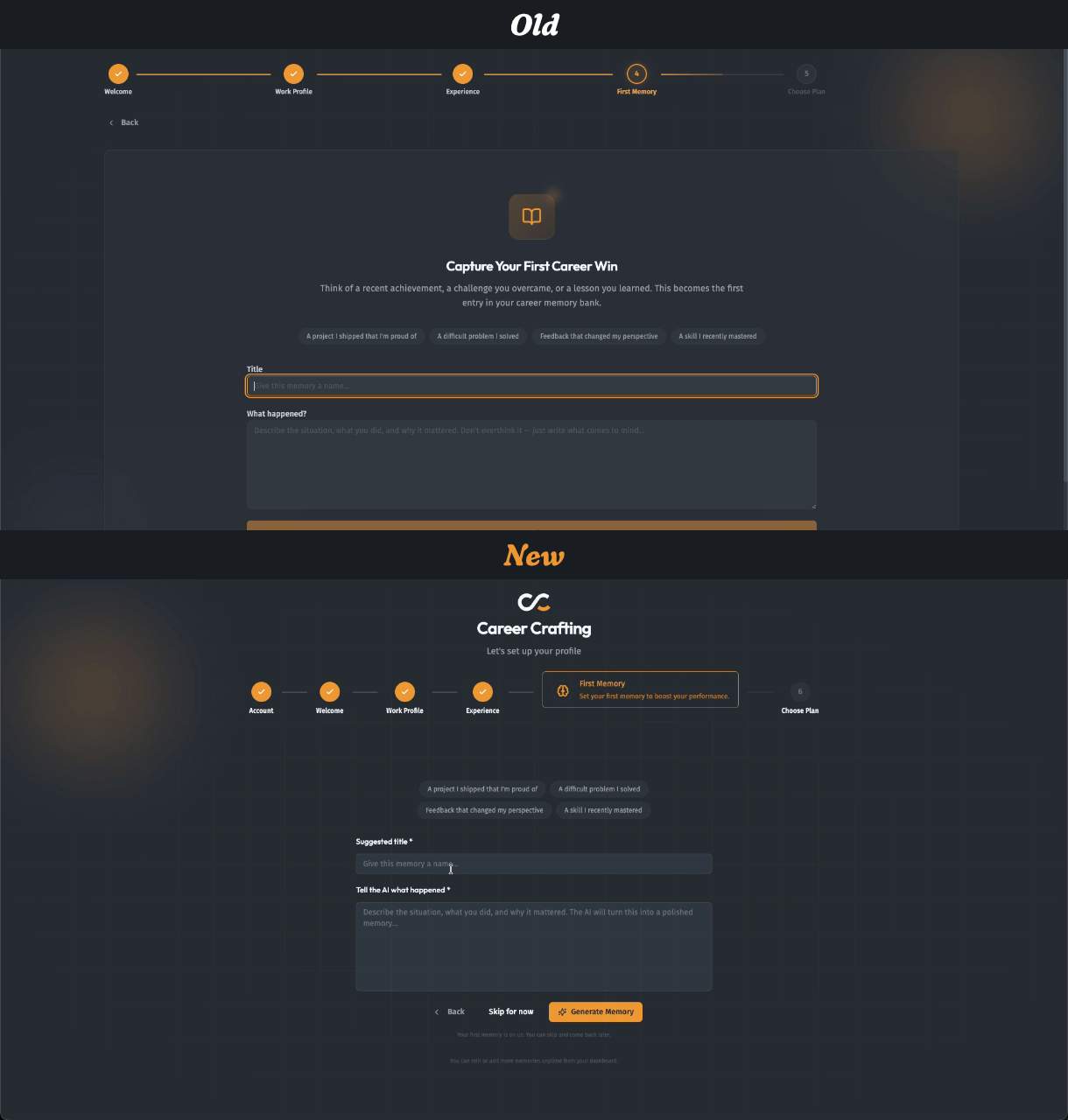 careercraft.ing onboarding improvements for first memory creation