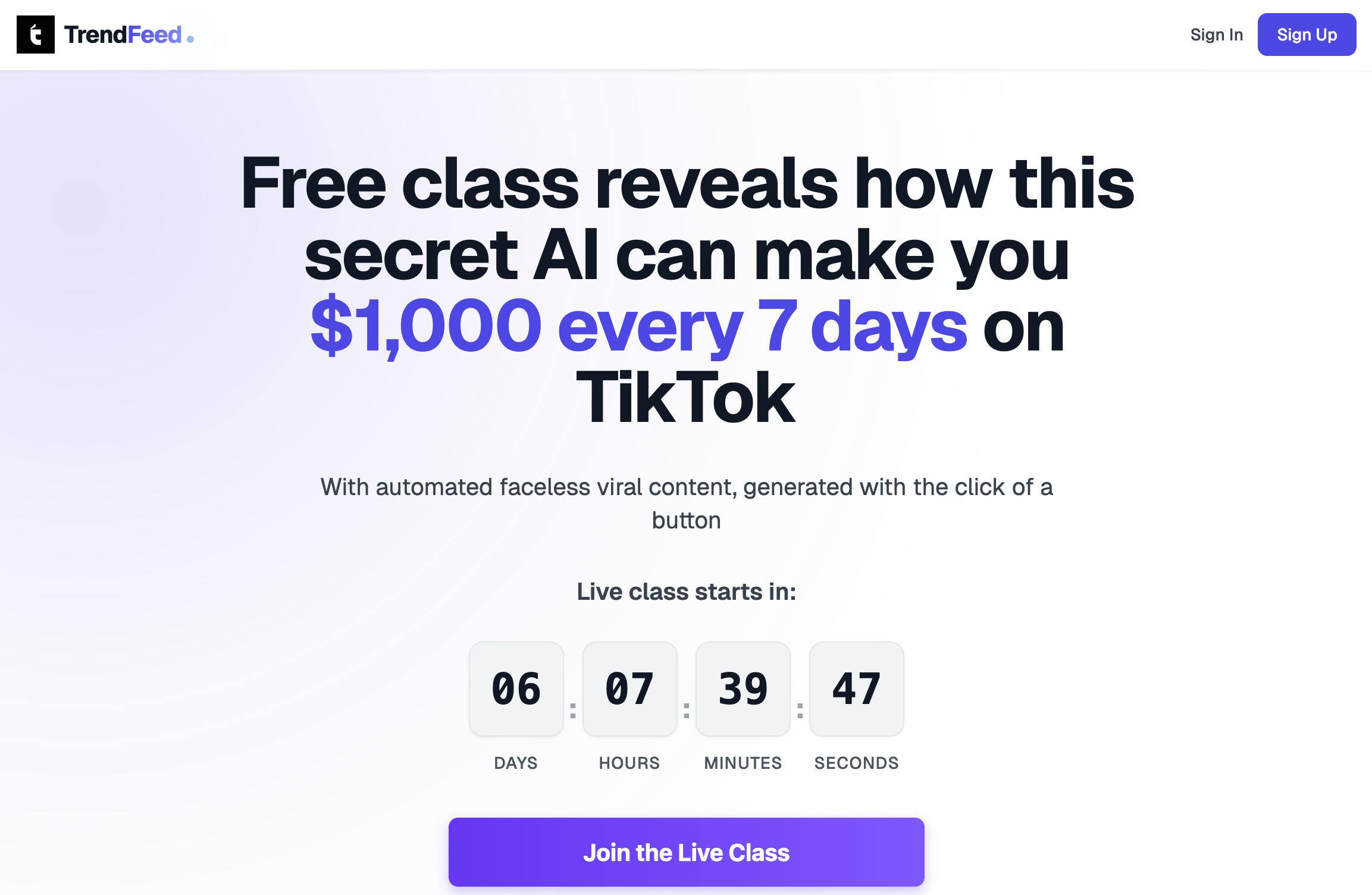 A screenshot of the landing page for TrendFeed.