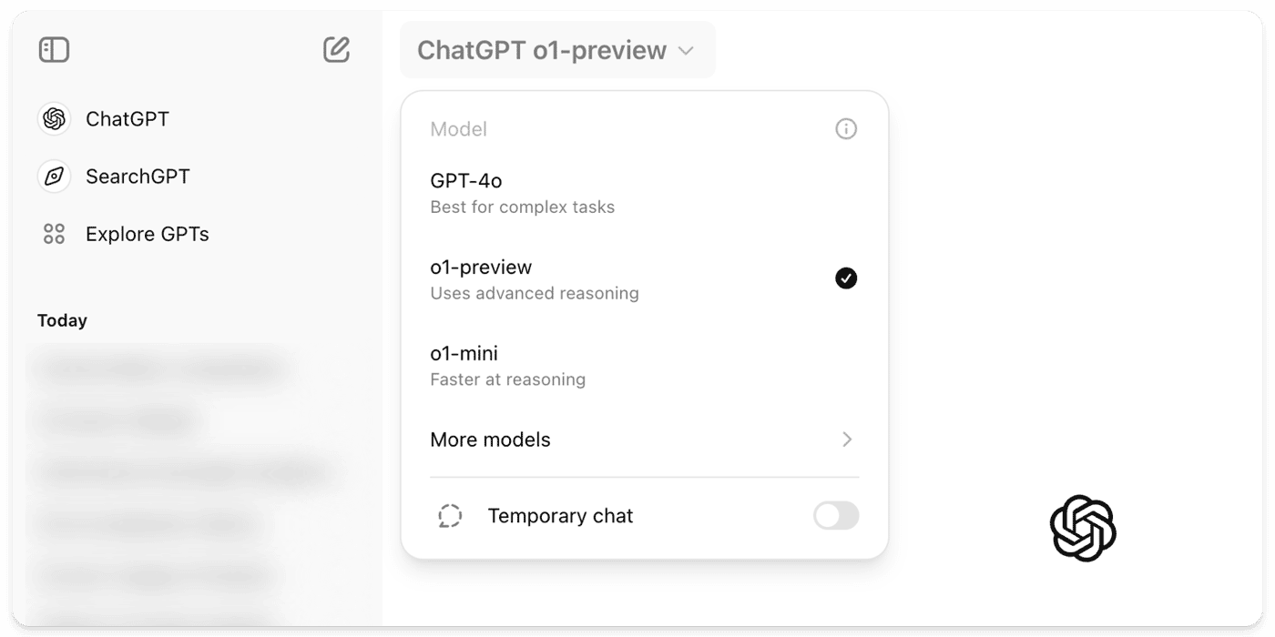 Model selector dropdown menu inside of the ChatGPT interface
