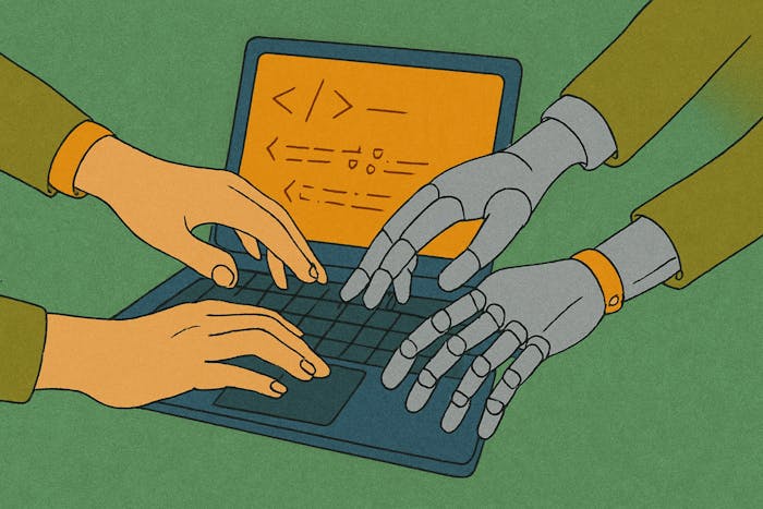 A man coding with a robot's assistance.