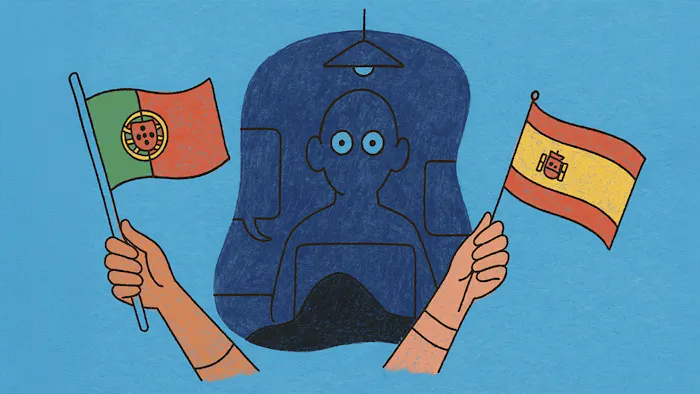 Two hands hold the flags of Portugal and Spain, and the center of the image is a person sitting in bed in a dark room.